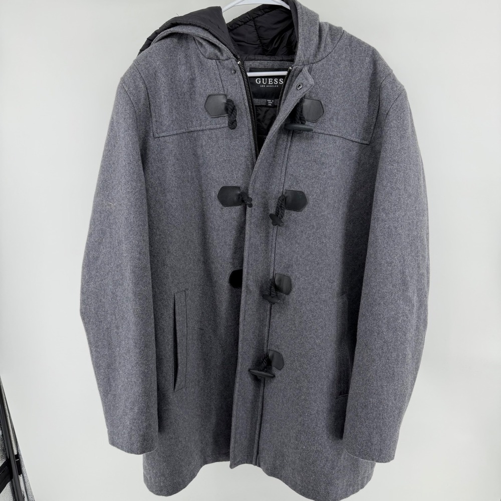 GUESS Mens Grey Wool Blend Toggle Duffle Coat Hooded Jacket XXL 117AB718